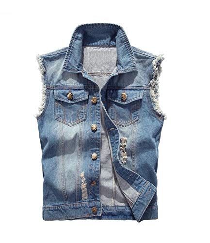 WSLCN Herren Jungen Weste Jeansweste Denim Weste Vest Freizeit Vintage Outdoors Löcher Hell Blau DE XXXL (Asie 5XL) von WSLCN