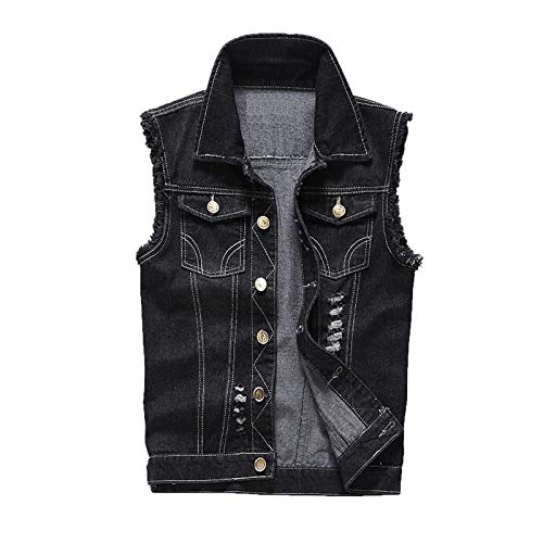 WSLCN Herren Jungen Weste Jeansweste Denim Weste Vest Freizeit Vintage Outdoors Löcher Schwarz DE XXS (Asie S) von WSLCN
