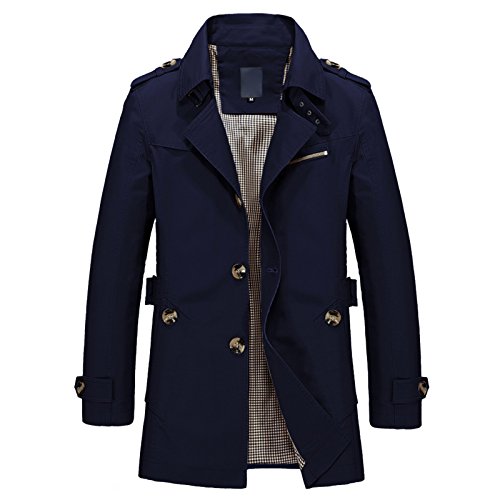 WSLCN Herren Klassik Jacke Trench Winter Freizeitjacke Herbst Mantel Revers Einfarbig Mittellang Baumwolle Dunkel Blau DE XL (Asie 4XL) von WSLCN