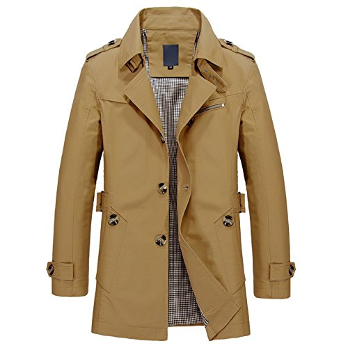 WSLCN Herren Klassik Jacke Trench Winter Freizeitjacke Herbst Mantel Revers Einfarbig Mittellang Baumwolle Dunkel Khaki DE XL (Asie 4XL) von WSLCN