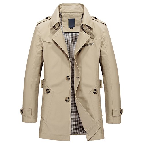 WSLCN Herren Klassik Jacke Trench Winter Freizeitjacke Herbst Mantel Revers Einfarbig Mittellang Baumwolle Hell Khaki DE XS (Asie L) von WSLCN