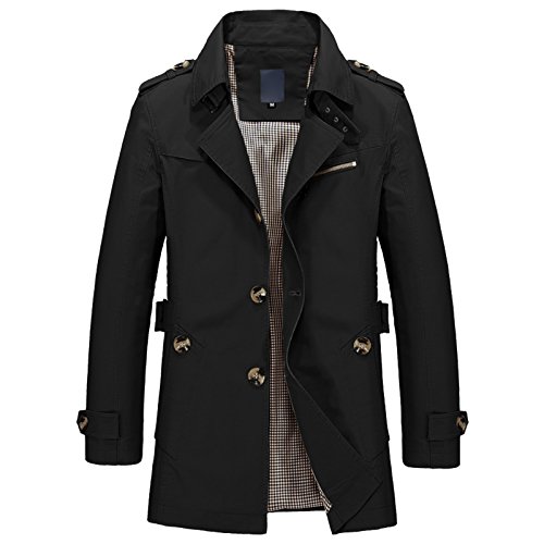 WSLCN Herren Klassik Jacke Trench Winter Freizeitjacke Herbst Mantel Revers Einfarbig Mittellang Baumwolle Schwarz DE XXS (Asie M) von WSLCN