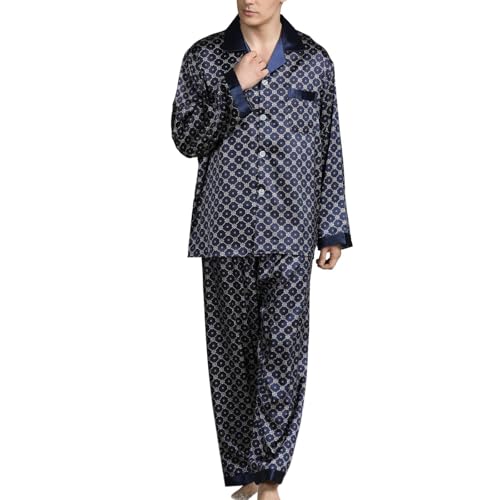 WSLCN Herren Kunstseide Langarm Schlafanzüge Pyjama Set Nachtwäsche Knopfleiste Dünne Blau Blumen 3 XL von WSLCN