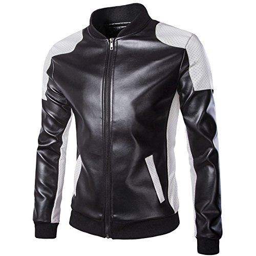 WSLCN Herren Mode Lederjacke Bikerjacken Kontrast Farbe Motorradjacke Kunstleder Stehkragen Slim Fit Kurz Herbst Mantel Schwarz Asie L von WSLCN