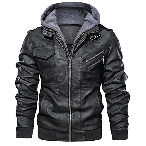 WSLCN Herren Motorradjacke aus Kunstleder mit Reißverschluss und Kapuze für Herbst und Winter, dunkelgrau, XL von WSLCN