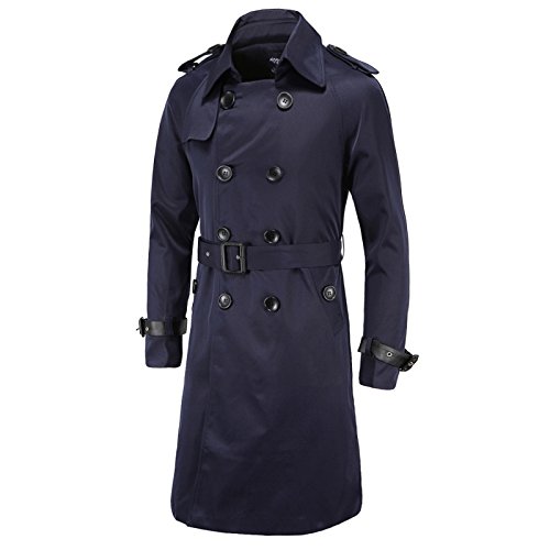 WSLCN Herren Retro Trench Jacke Zweireiher Trenchcoat Lange Slim Fit Herbst Freizeitmantel mit Gürtel Marine Blau DE M (Asie L) von WSLCN