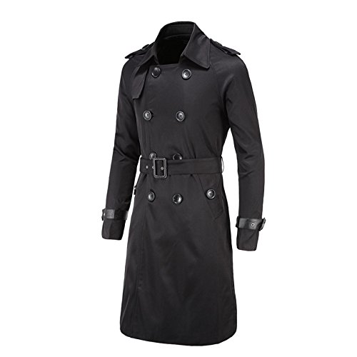 WSLCN Herren Retro Trench Jacke Zweireiher Trenchcoat Lange Slim Fit Herbst Freizeitmantel mit Gürtel Schwarz DE L (Asie XL) von WSLCN