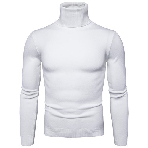 WSLCN Herren Rollkragen Pullover Slim Fit Einfarbig Klassik Umlegekragen Strickshirt Sweater Freizeit Tops Weiß DE L (Asie XL) von WSLCN