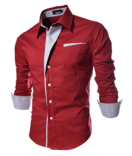 WSLCN Herren Schick glänzend Langarm Hemd Freizeithemd Slim Fit Kontrastfarben Rot asiatisch M (DE XS) von WSLCN