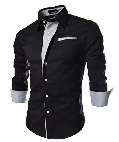 WSLCN Herren Schick glänzend Langarm Hemd Freizeithemd Slim Fit Kontrastfarben Schwarz asiatisch 3XL (DE L) von WSLCN