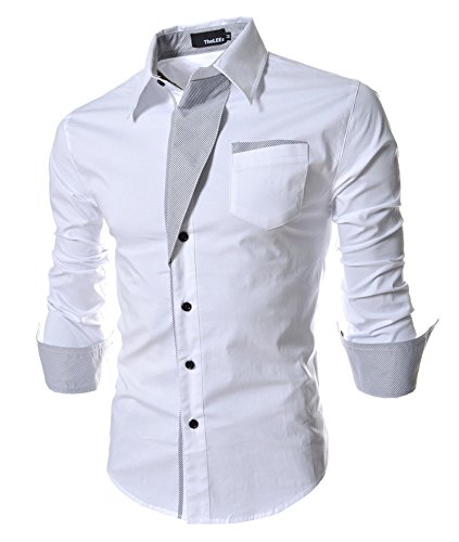 WSLCN Herren Schick glänzend Langarm Hemd Freizeithemd Slim Fit Kontrastfarben Weiß asiatisch 3XL (DE L) von WSLCN