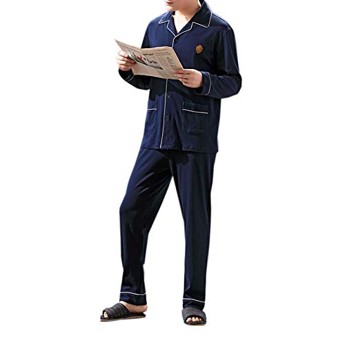 WSLCN Herren Schlafanzüge Baumwolle Pyjama Set Langarm Vintage Basic Nachtwäsche Hose Blau 25 S von WSLCN