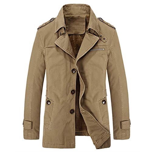 WSLCN Herren Trenchcoat Kurz Einreihig Leicht Mittellang Schlank Windbreaker Baumwolle Jacken Gr. Medium, Khaki (mit Fleecefutter). von WSLCN