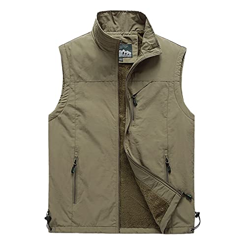 WSLCN Herren Warm Fleece Weste Stilvolle Ärmellose Jacke Leicht Körperwärmer, Khaki (Fleece), XXXXX-Large von WSLCN