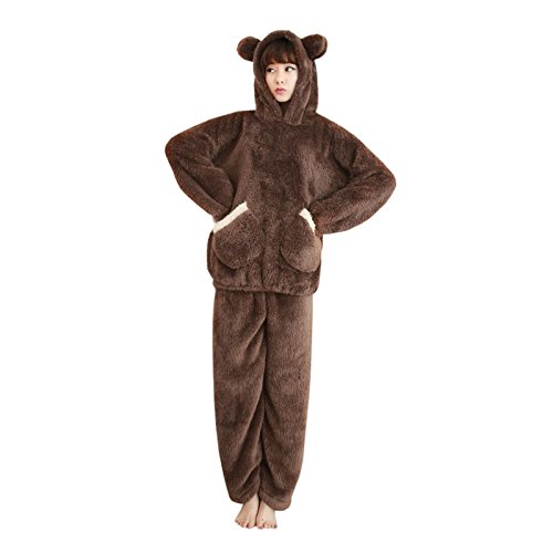 WSLCN Mädchen Damen Schlafanzug Dick Komfort Warm Winter Kapuze Zweiteilig Cartoon Ohr Schwanz Cosplay Nachtwäsche Braun Asie XXL -(67.5-77.5KG) von WSLCN