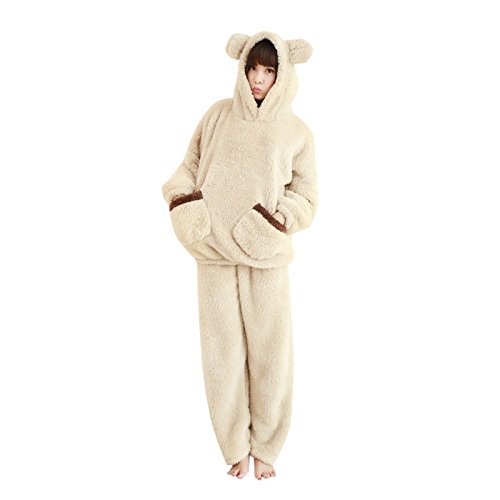 WSLCN Mädchen Damen Schlafanzug Dick Komfort Warm Winter Kapuze Zweiteilig Cartoon Ohr Schwanz Cosplay Nachtwäsche hell Khaki (Weiß) Asie M -(155-160 cm 40-49KG) von WSLCN