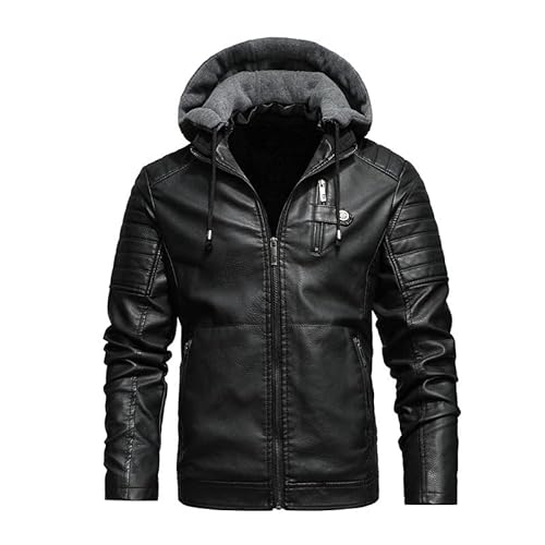 WSLCN Motorradjacke aus Kunstleder für Herren, klassische Jacke mit Kapuze, (Innen-Plüsch) schwarz, XL von WSLCN