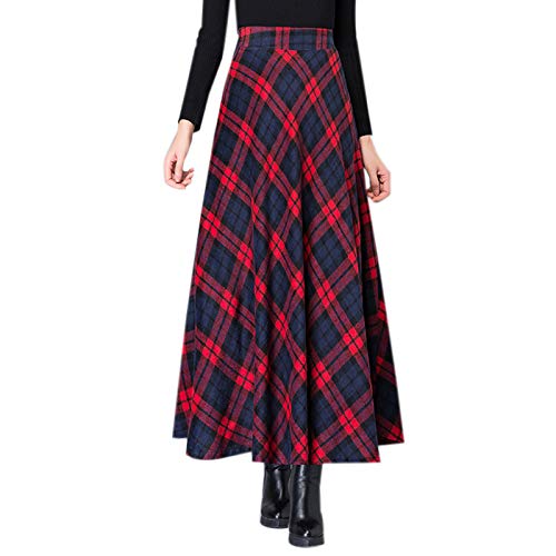 WSLCN Rock Tartan Plaid lang aus Wolle Plissee Damen Vintage A-Ligne hoch Maxi Röcke mit Taschen Swing Rock Ausgestellter Rock Herbst Winter Gr. L, 615 - Rot von WSLCN