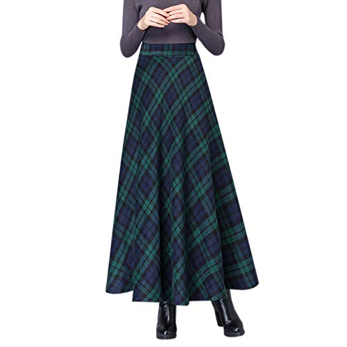 WSLCN Rock Tartan Plaid lang aus Wolle Plissee Damen Vintage A-Ligne hoch Maxi Röcke mit Taschen Swing Rock Ausgestellter Rock Herbst Winter Gr. M, 615 - Grün von WSLCN