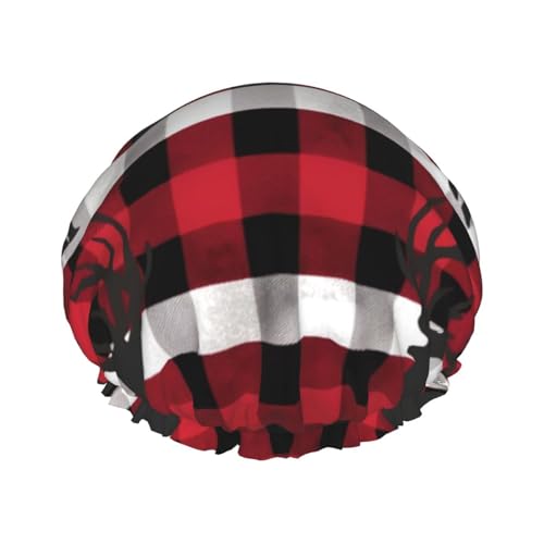 Buffalo Plaid Deer Printed Shower Cap for Women Waterproof Bath Caps Reusable Double Layered Shower Hat Bathing Shower Caps for Men Ladies Spa Salon von WSOIHFEC