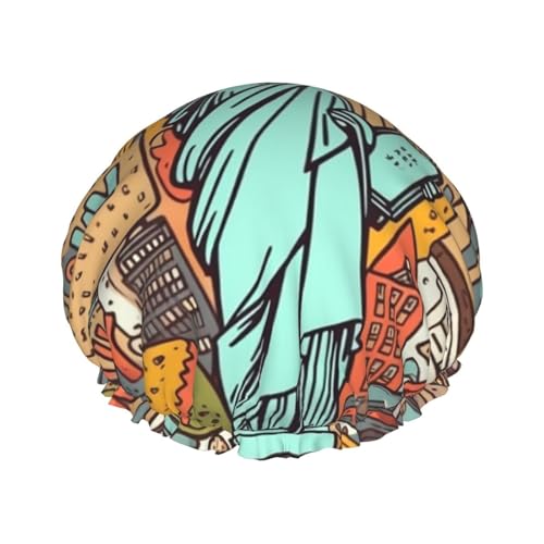 Cartoon Cute New York American Theme Art Printed Shower Cap for Women Waterproof Bath Caps Reusable Double Layered Shower Hat Bathing Shower Caps for Men Ladies Spa Salon von WSOIHFEC