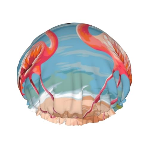 Flamingo Beach bedruckte Duschhaube für Frauen, wasserdichte Badekappen, wiederverwendbar, doppellagig, Duschhut, Badeduschkappen für Männer, Damen, Spa, Salon von WSOIHFEC