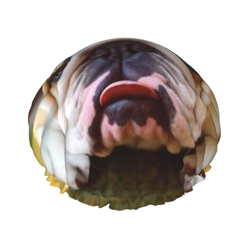 Niedliche Bulldogge Welpe bedruckte Duschhaube für Frauen, wasserdichte Badekappen, wiederverwendbar, doppellagig, Duschhut, Bade-Duschkappen für Männer und Damen, Spa, Salon von WSOIHFEC