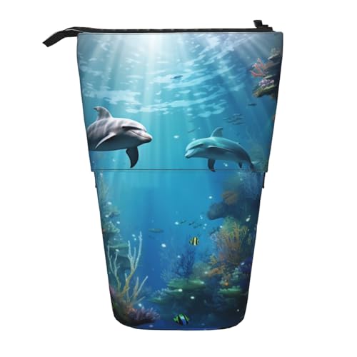 WSOIHFEC Blue Ocean Federmäppchen, Unterwasserfisch-Druck, Pop-Up-Federmäppchen, Stand-up-Bleistifttasche, Teleskop-Bleistifthalter, Organizer, kleine Make-up-Tasche mit Reißverschluss, Schwarz , von WSOIHFEC