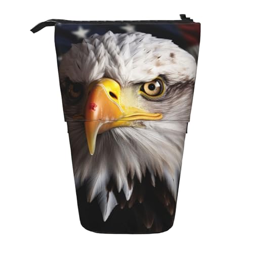 WSOIHFEC Federmäppchen, Motiv: Amerika-Flagge und Adler, Pop-Up-Federmäppchen, Stand-up-Federmäppchen, Teleskop-Bleistifthalter, Organizer, kleine Make-up-Tasche mit Reißverschluss, Schwarz , von WSOIHFEC