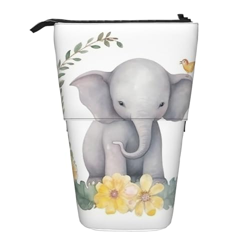 WSOIHFEC Federmäppchen mit niedlichem Elefant mit Kranz und kleiner Ente bedruckt, Pop-Up-Federmäppchen, Stand-up-Bleistifttasche, Teleskop-Bleistifthalter, Organizer, kleine Make-up-Tasche mit von WSOIHFEC