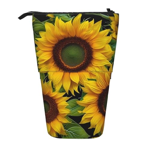 WSOIHFEC Schönes Federmäppchen mit Sonnenblumen-Druck, Pop-Up-Federmäppchen, Stand-up-Federtasche, Teleskop-Bleistifthalter, Organizer, kleine Make-up-Tasche mit Reißverschluss, Schwarz , von WSOIHFEC