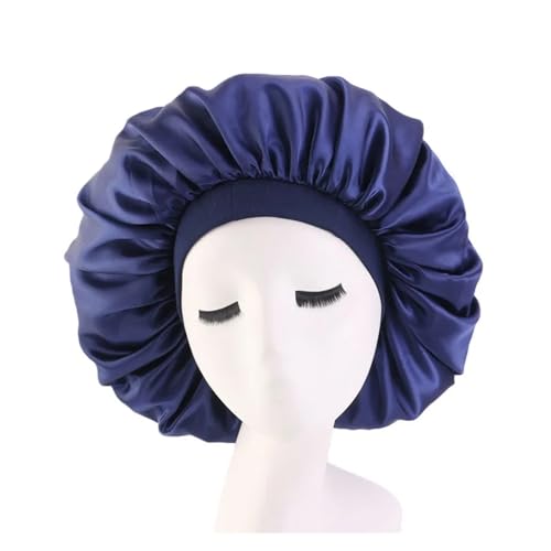 2 Stück Damen Übergroße Seidige Haar Weiche Elegante Motorhaube Einfarbige Satin Motorhaube Schlafmütze Elastische Duschbadehüte für Lange lockige Haare(Dark blue) von WSQHAO