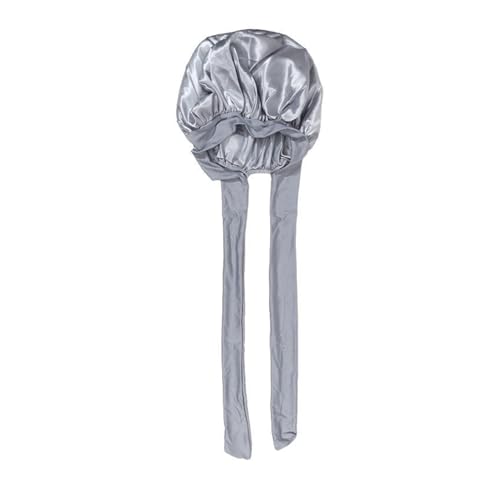 2 stücke Badekappe Bogen Satin Schlafmütze Frauen Dehnbar Krawatte Band Elastische Nacht Duschhauben Einstellbar Haar Kopfbedeckung Motorhaube Turban für Lange lockige Haare(Silver Gray) von WSQHAO