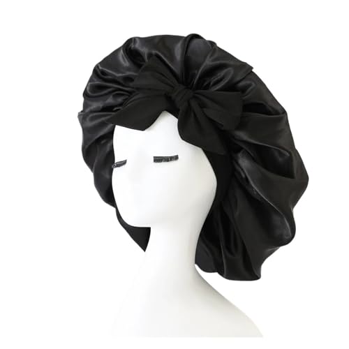 WSQHAO 2 Stück Damen Satin-Haube, solide Schlafmütze, dehnbares Bindeband, elastische Nacht-Duschhaube, verstellbare Haar-Kopfbedeckung, Haube for Frauen für Lange lockige Haare(Black) von WSQHAO
