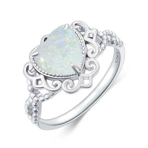 8MM Herz Weißer Opal Ring, Sterling Silber Verlobungs Hochzeit Boho Ring Schmuck Geschenk für Frauen Größe 9 von WSX