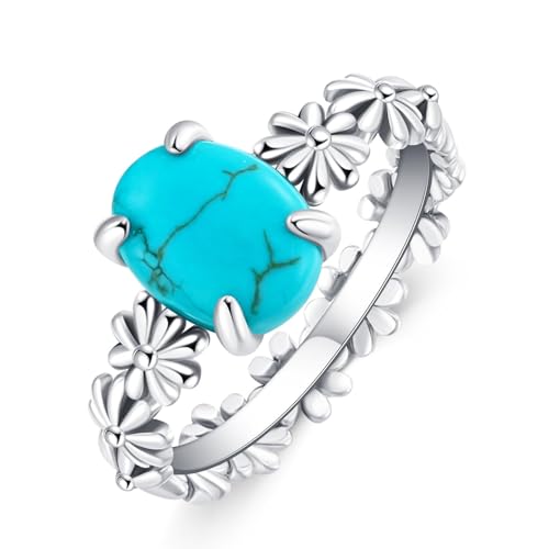 9x7MM Natürlicher Türkis Stein Gänseblümchen Ringe, Sterling Silber Natur Native American Western Schmuck Edelstein Ring für Frauen Größe 6 von WSX