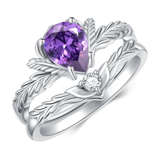 Birnenförmiger Amethyst-Blatt Verlobungsring-Set für Damen 925 Sterling Silber Einzigartiges Braut-Hochzeitsband Größe 8 von WSX