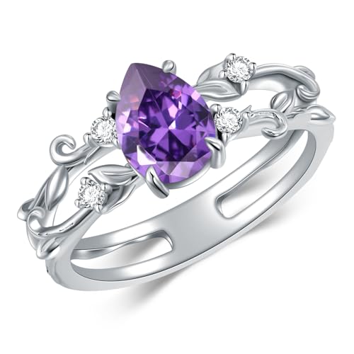 Birnenförmiger Amethyst-Blatt Verlobungsring für Damen 925 Sterling Silber Einzigartiges Braut-Hochzeitsband Größe 7 von WSX