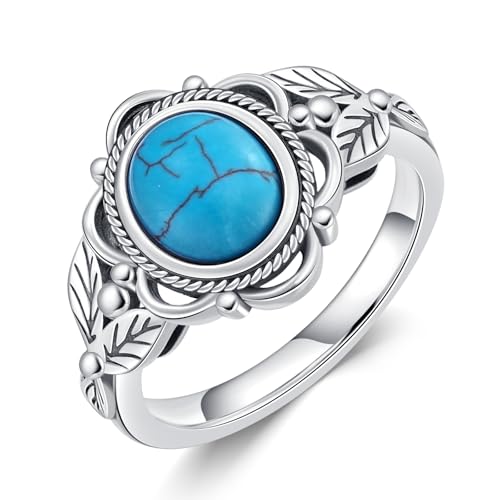 Natürlicher Boho 8x7 MM Türkis Stein Ring, Sterling Silber Natur Native American Western Schmuck Edelstein Blatt Ring für Männer Frauen Größe 9 von WSX