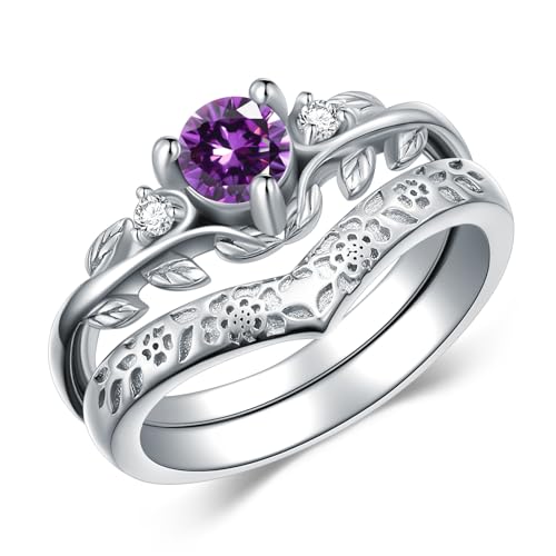 Runder Amethyst-Blatt Ring-Set für Damen 925 Sterling Silber Stapelbarer Verlobungs- und Hochzeitsband Brautschmuck Größe 7 von WSX