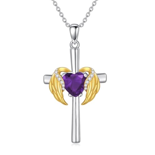 WSX 0.06 Cttw Diamant-Engelsflügel-Kreuzkette für Damen - Sterlingsilber-Geburtsstein-Kreuzanhänger als Weihnachtsgeschenk für Ehefrauen（Amethyst） von WSX