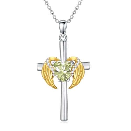 WSX 0.06 Cttw Diamant-Engelsflügel-Kreuzkette für Damen - Sterlingsilber-Geburtsstein-Kreuzanhänger als Weihnachtsgeschenk für Ehefrauen（Peridot） von WSX