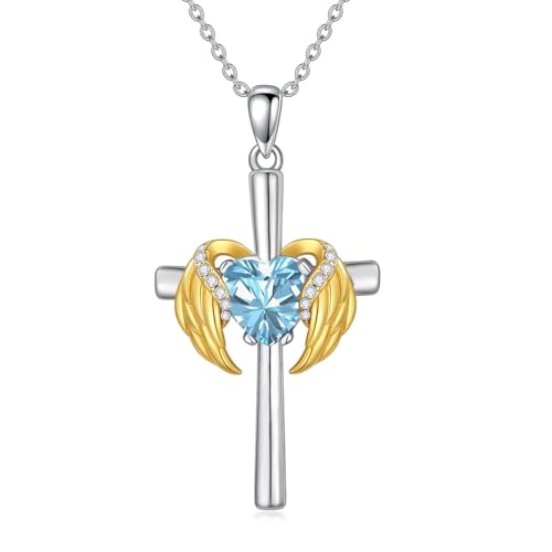 WSX 0.06 Cttw Diamant-Engelsflügel-Kreuzkette für Damen - Sterlingsilber-Geburtsstein-Kreuzanhänger als Weihnachtsgeschenk für Ehefrauen（Topaz） von WSX