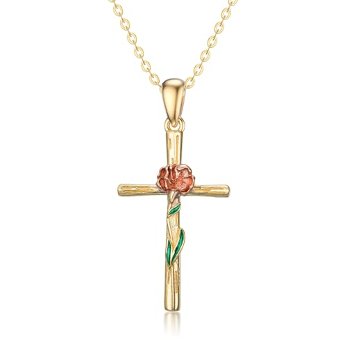 WSX 14K Solid Gold Cross Carnation Pendant Necklace for Women Yellow Gold Small Cross Pendant Jewelry Gift for Her von WSX