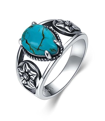 WSX 925 Sterling Silber Echter Türkis Damenring, Native American Indian Stil Schmuck mit Vintage Western Squash Blossom Größe M von WSX