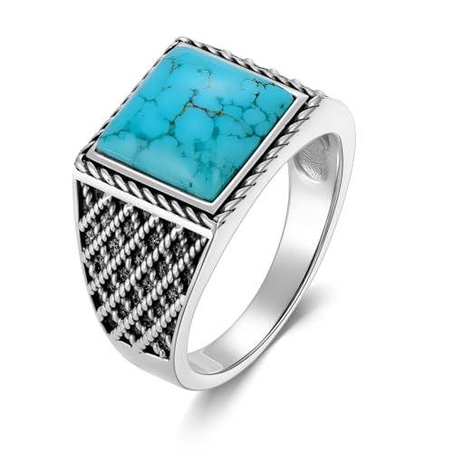 WSX 925 Sterling Silber Echter Türkis Ring für Herren Quadratisch Echter Natürlicher Edelstein mit Karomuster Native American Stil Schmuck Größe V1/2 von WSX