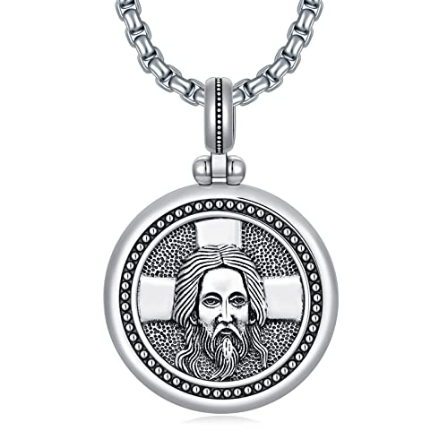 WSX 925 Sterling Silber Jesus Christus Ikone Halskette für Männer Frauen Orthodoxe Medaillon Anhänger Vintage Katholisch Christlichfür Vater Mutter Freunde von WSX