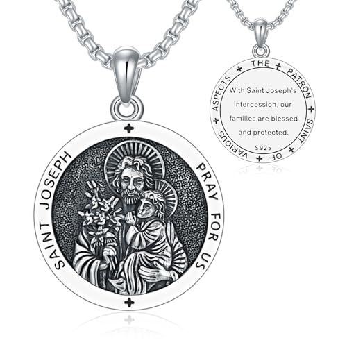 WSX 925 Sterling Silber St Joseph Patron Medaille Halskette eingelegt Abalone für Männer Frauen schützen uns Amulett Anhänger mit 22 + 2 Zoll Kette von WSX