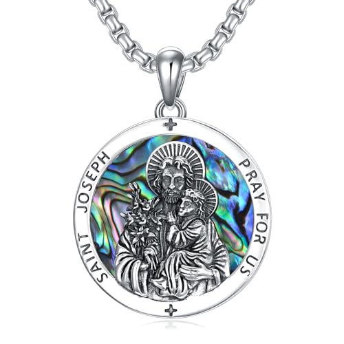 WSX 925 Sterling Silber St Joseph Patron Medaille Halskette für Männer Frauen schützen uns Amulett Anhänger mit 22 + 2 Zoll Kette für Weihnachten Geburtstag von WSX