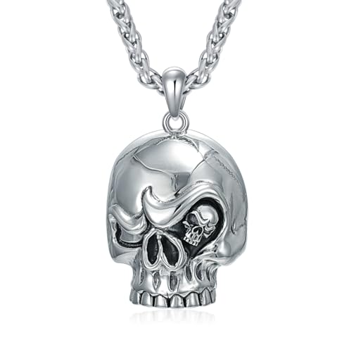 WSX 925 Sterling Silber Totenkopf Halskette für Männer Ausgehöhlt Gothic Skelett Kopf Anhänger mit Kette Cool Punk Hip Hop Charm Halloween Weihnachten von WSX